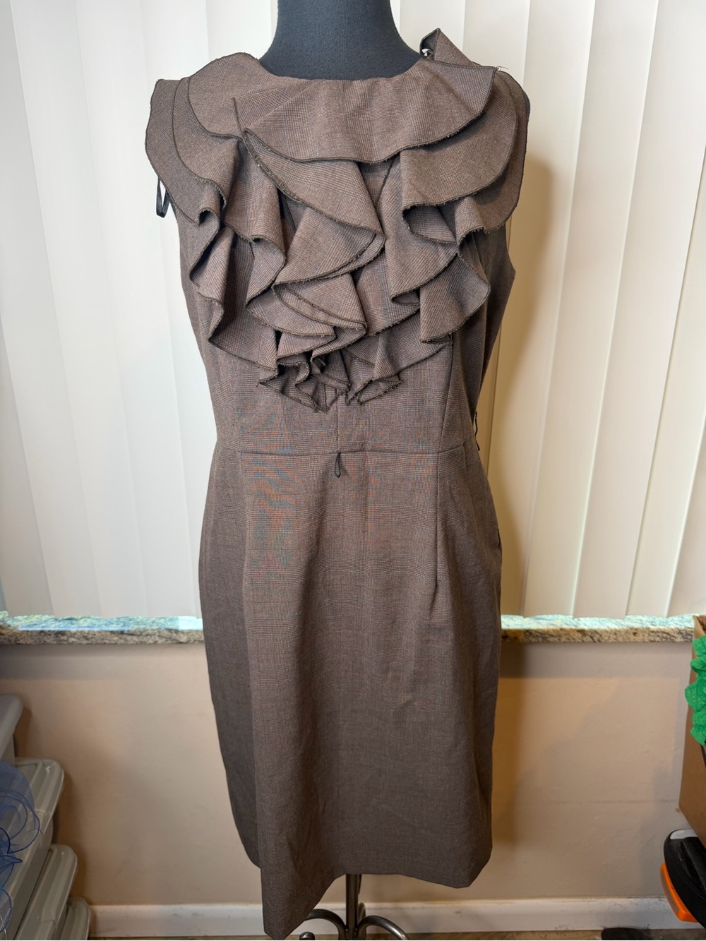Soho Apparel Brown Ruffle Front Sleeveless Mini Houndstooth Sheath Dress Size 10
